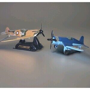 Lot of 2 Diecast Airplanes – WWII Spitfire Mk.I on Stand & Blue Corsair Style Fi